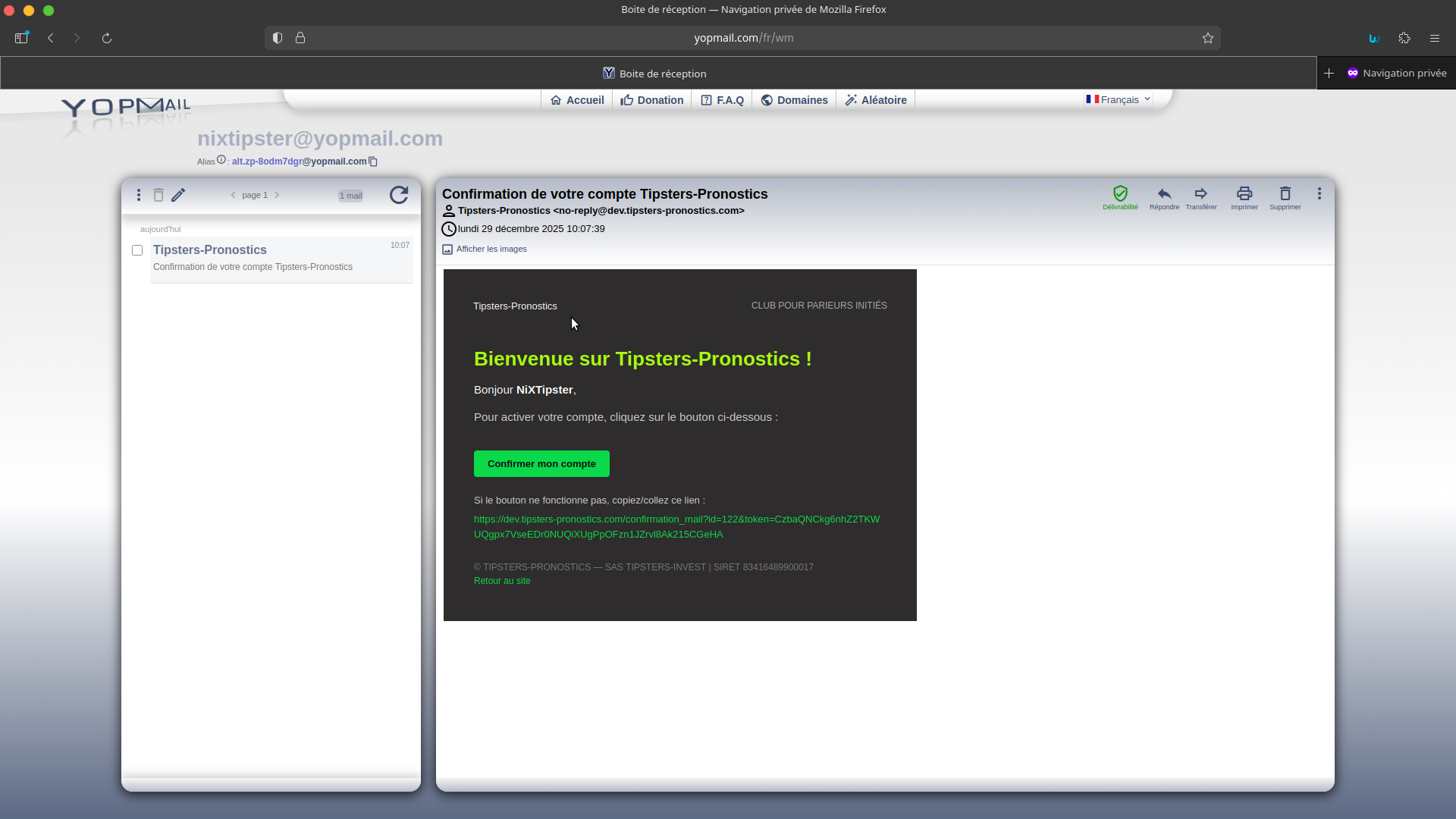 TP - Email de confirmation de compte avec bouton Confirmer mon compte