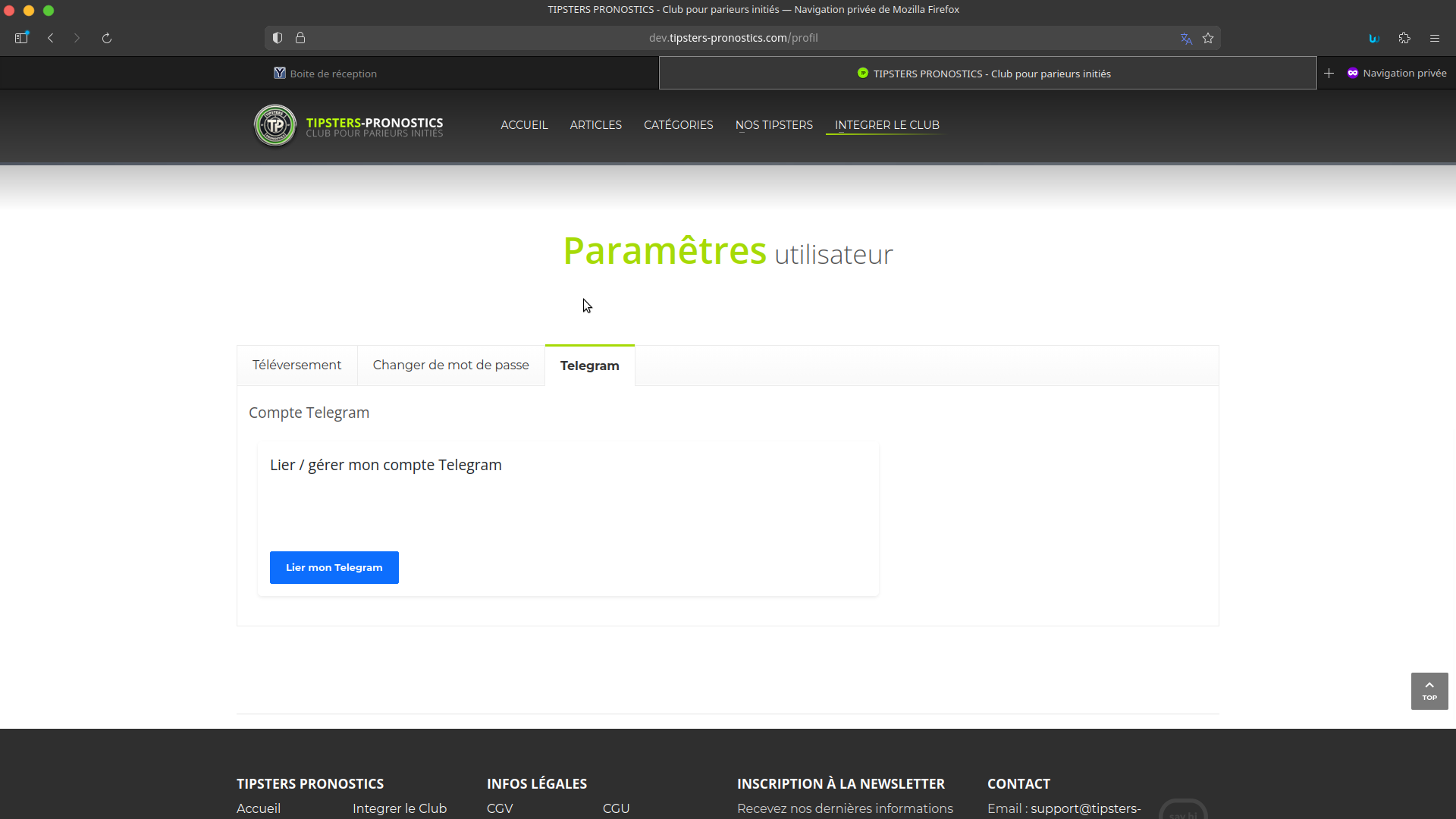 TP - Param&egrave;tres utilisateur onglet Telegram avec bouton Lier mon Telegram